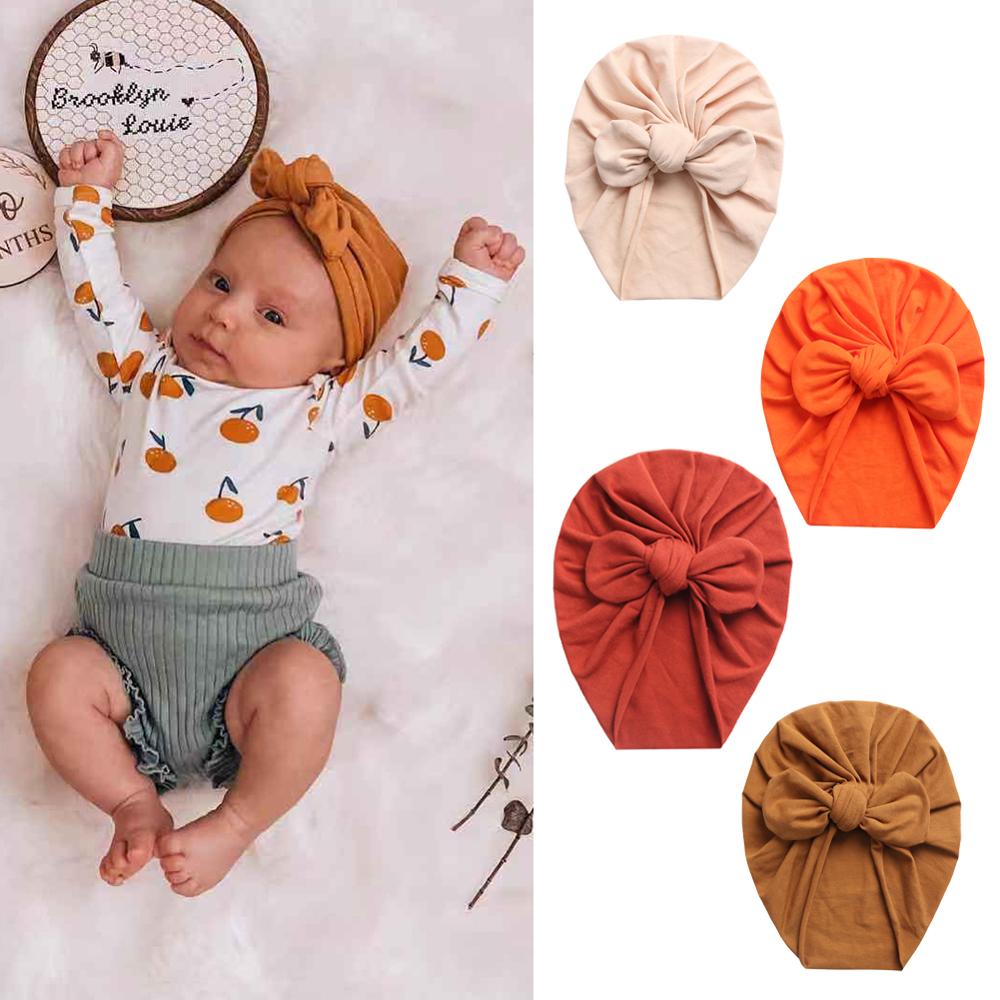 Solid Baby Cotton Beanies Cute Bear Ear Bowknot Turban Hats for Newborn Baby Boy Girls Headwraps