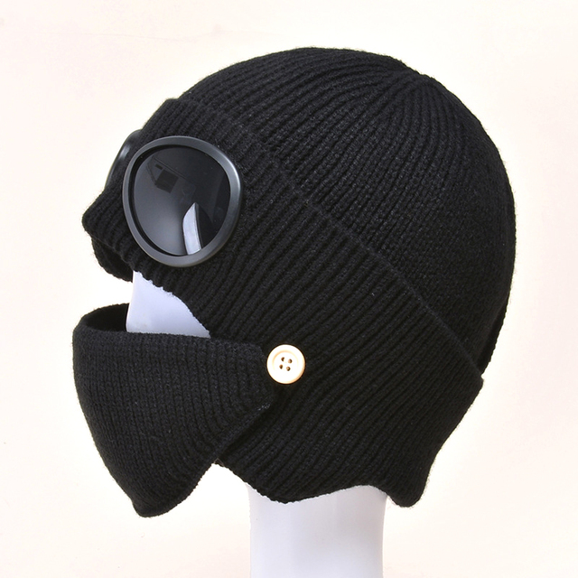 Pilot Style Knitted Hat Glasses Ear Cap Thickened Warm Wool Hat Mask Man Pilot Style Hat Female Mask