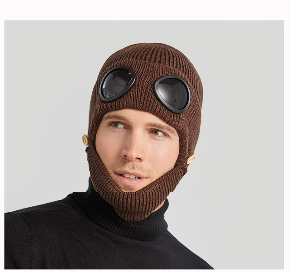 Pilot Style Knitted Hat Glasses Ear Cap Thickened Warm Wool Hat Mask Man Pilot Style Hat Female Mask