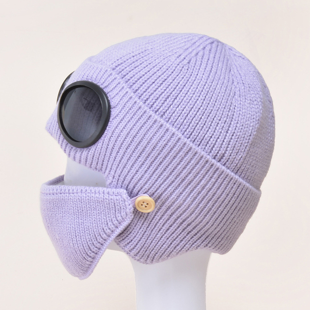 Pilot Style Knitted Hat Glasses Ear Cap Thickened Warm Wool Hat Mask Man Pilot Style Hat Female Mask