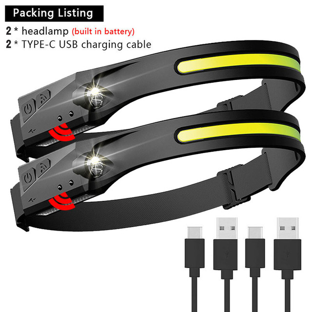 COB LED Headlamp Sensor Headlight with Built-in Battery Flashlight USB Rechargeable Head Lamp Torch 5 Lighting Modes Work Light 4.9