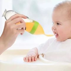 90ml Baby Squeezing Feeding Spoon Silicone Feeding Bottle Training Spoon Infant Cereal Food Spoon Blue 19.5*5.5CM