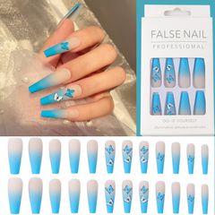 24PCS Fashion Colorful False Nails Long Detachable French Fake Nail Ballet Coffin Nail Tips Rhinestones Press on Nail Art Tool Blue