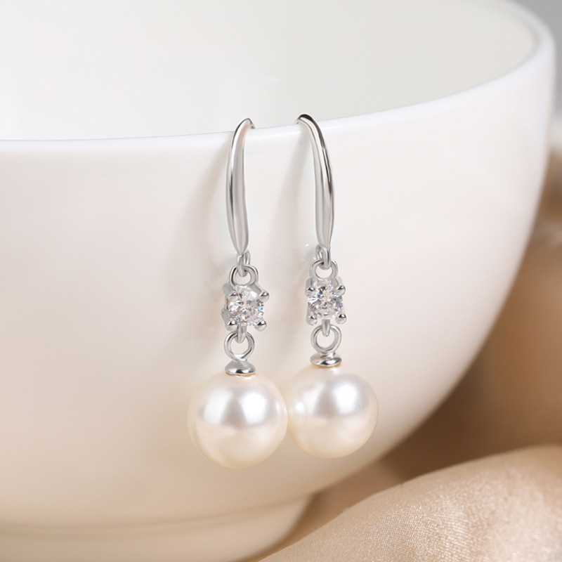 S925 sterling silver pearl earrings earrings female simple temperament diamond-studded long bead earrings fashion jewelry niche design sense