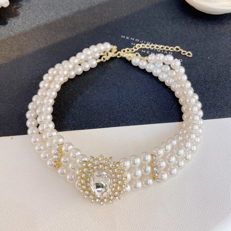 Vintage Style 3 Layers Pearl Choker Necklace For Women Elegant Crystal Short Necklace Party Jewelry