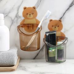2Pc Bear Shaped Toothbrush Holder Bathroom Cartoon Toothbrush Toothpaste Wall Suction Holder Rack Container Organizer Brown+ Pink one size