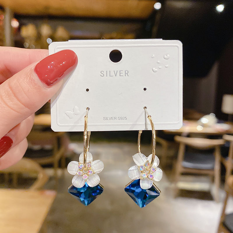 S925 Silver Needle Korea Dongdaemun Flower Crystal Water Drop Geometric Earrings Retro Hong Kong Style Temperament Earrings Female Earrings
