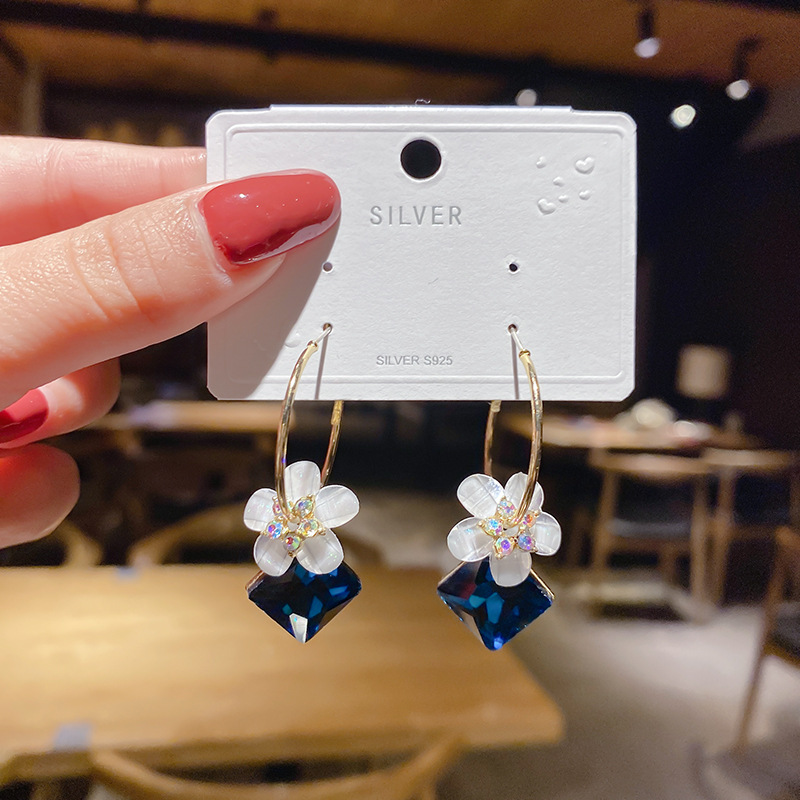 S925 Silver Needle Korea Dongdaemun Flower Crystal Water Drop Geometric Earrings Retro Hong Kong Style Temperament Earrings Female Earrings