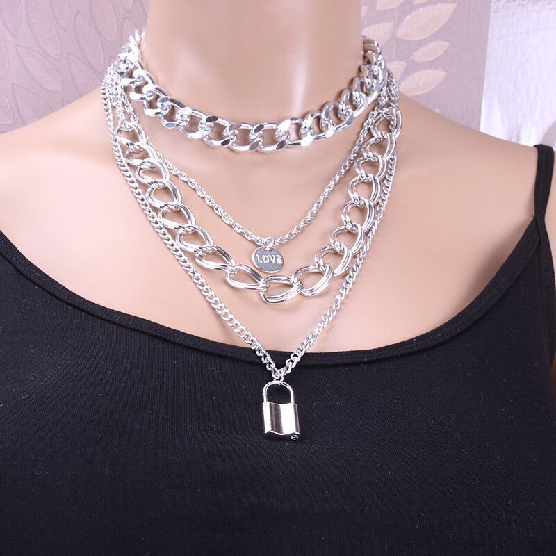 Multi-layer twist chain letter medal pendant necklace double buckle chain lock necklace female