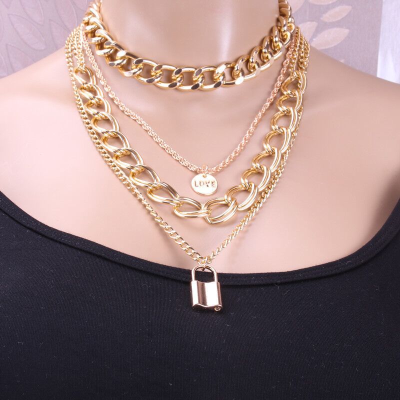 Multi-layer twist chain letter medal pendant necklace double buckle chain lock necklace female