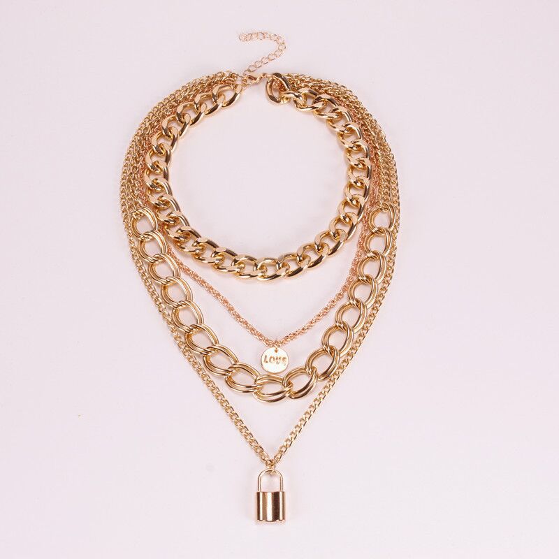 Multi-layer twist chain letter medal pendant necklace double buckle chain lock necklace female