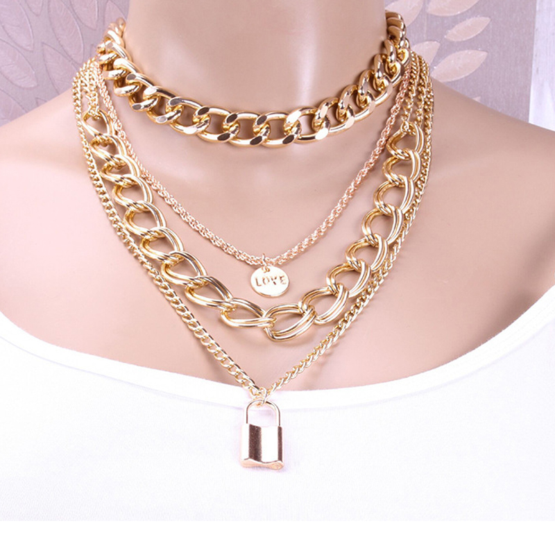Multi-layer twist chain letter medal pendant necklace double buckle chain lock necklace female