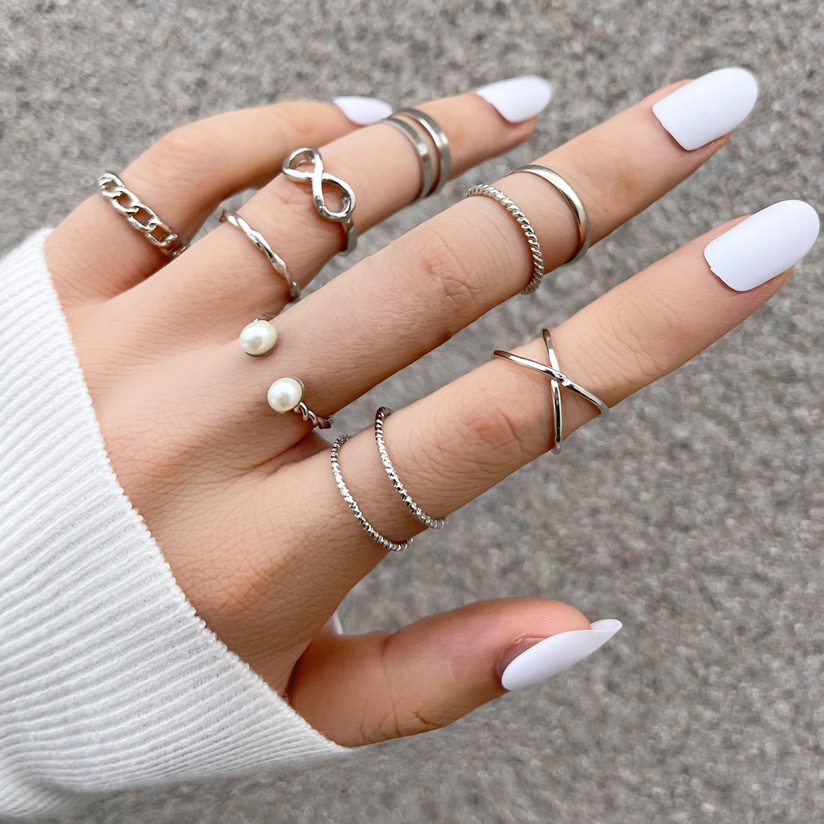 9pcs/set Ring set  temperament 8-character pearl open joint ring retro pearl twist ring
