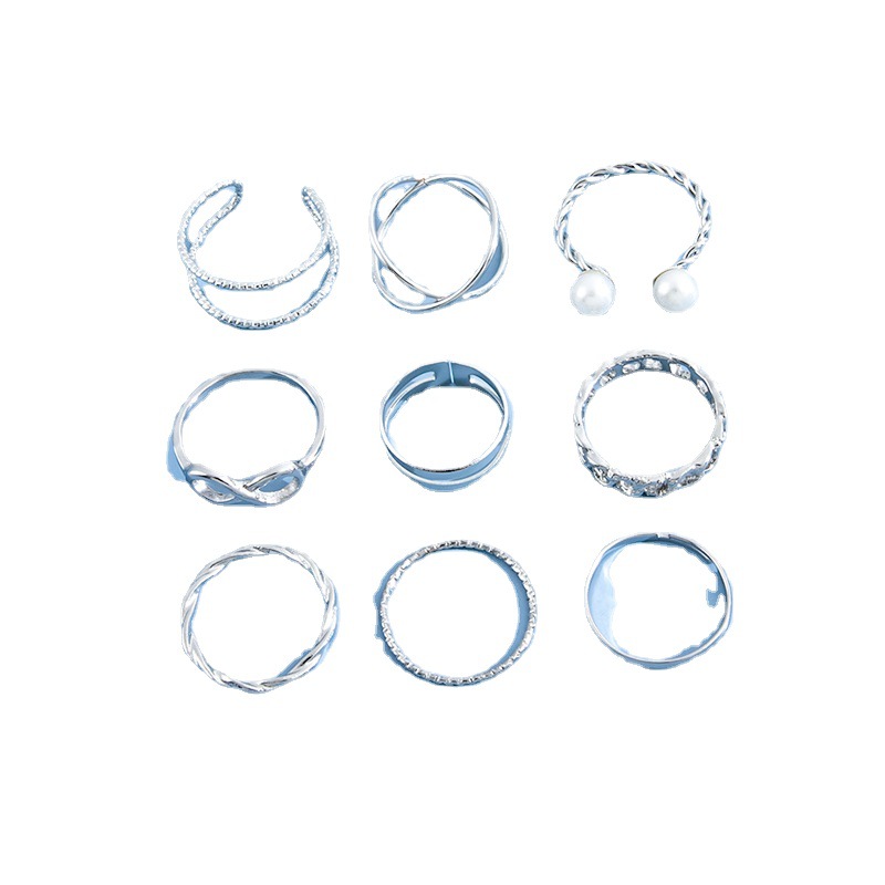 9pcs/set Ring set  temperament 8-character pearl open joint ring retro pearl twist ring