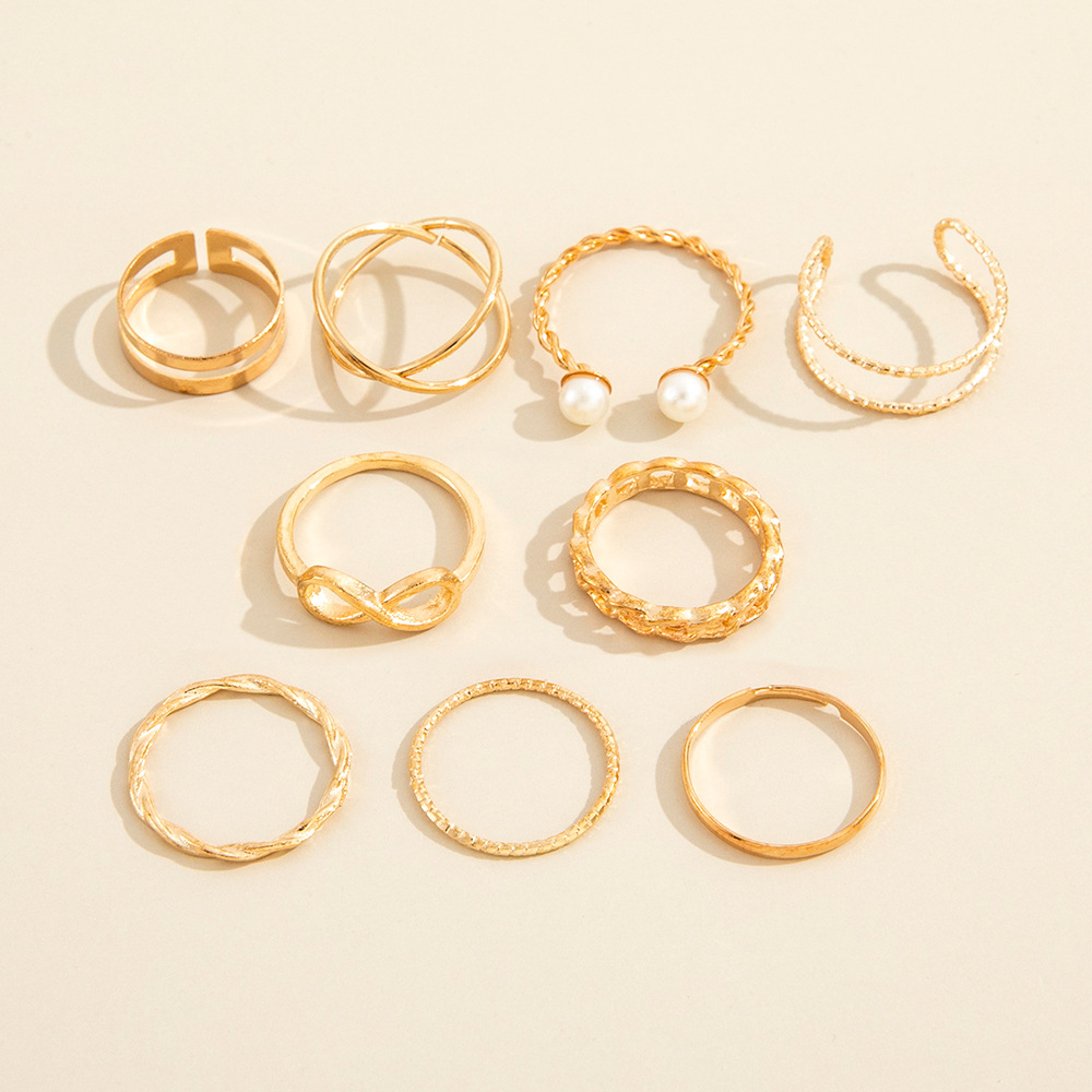 9pcs/set Ring set  temperament 8-character pearl open joint ring retro pearl twist ring