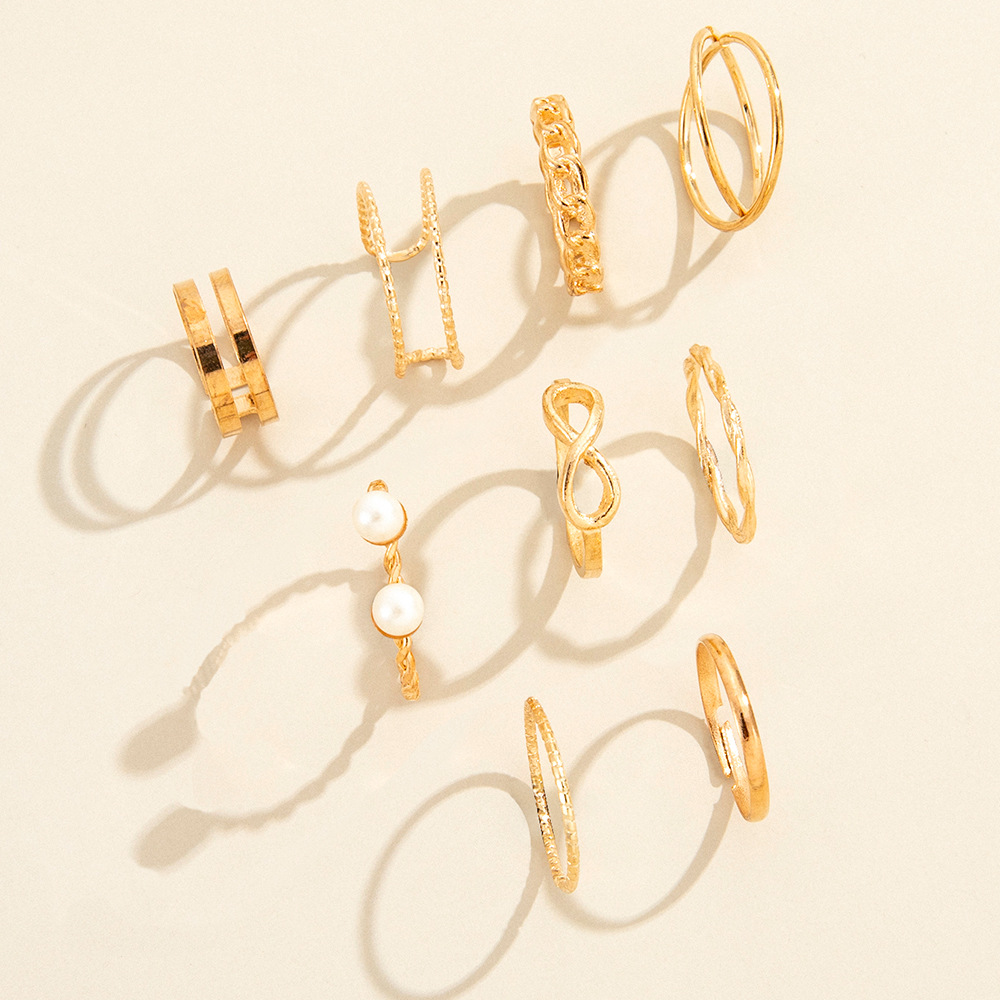 9pcs/set Ring set  temperament 8-character pearl open joint ring retro pearl twist ring