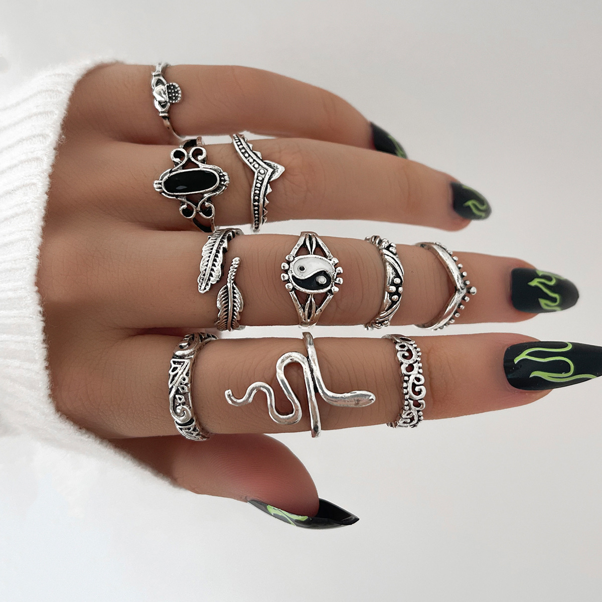 10pcs Set Grils Ring Gossip Drip Feather Snake Carved Vintage Knuckle Ring For women
