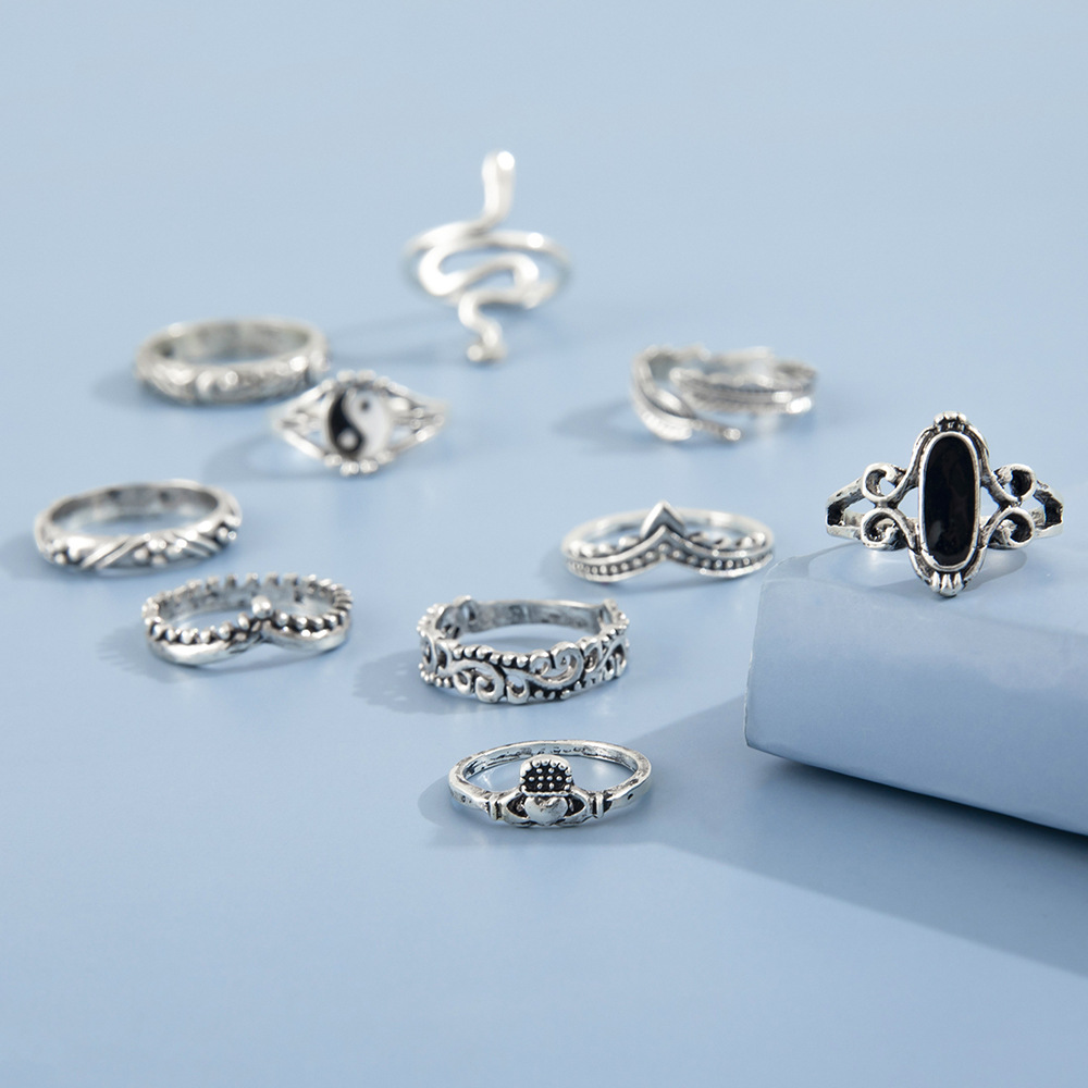 10pcs Set Grils Ring Gossip Drip Feather Snake Carved Vintage Knuckle Ring For women