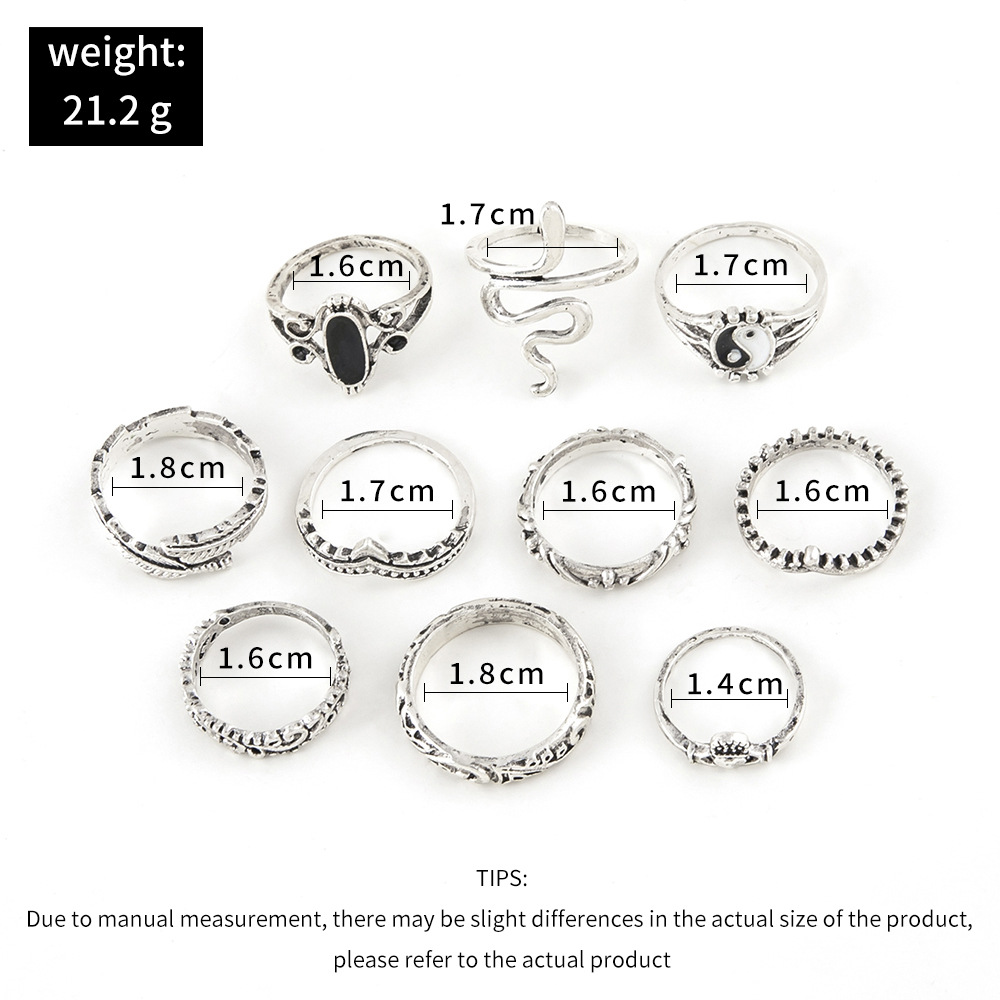 10pcs Set Grils Ring Gossip Drip Feather Snake Carved Vintage Knuckle Ring For women