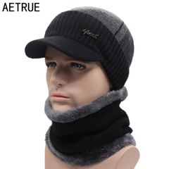 2pcs/set Men's Winter Hat Cotton Thicken Winter Warm Beanies hat For Men Fashion Unisex Knitted Hats Black and Dark Grey as picture