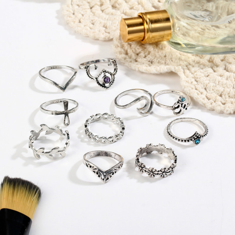 10 Pcs/Set Rings Set Bohemia Crown Flower Crystal Wave Knuckle Finger Rings for Women Party Jewelry