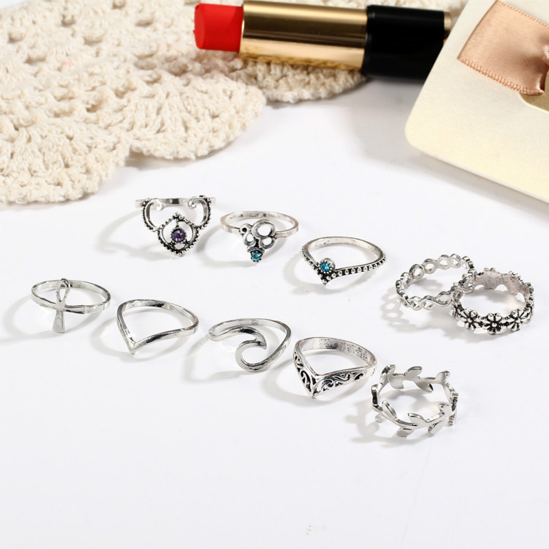 10 Pcs/Set Rings Set Bohemia Crown Flower Crystal Wave Knuckle Finger Rings for Women Party Jewelry