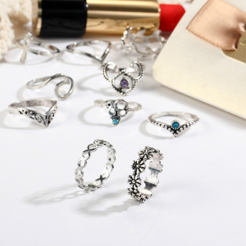 10 Pcs/Set Rings Set Bohemia Crown Flower Crystal Wave Knuckle Finger Rings for Women Party Jewelry
