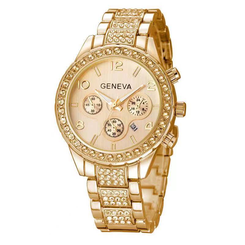 Fashion women's watches with diamond digital calendar three-eye ladies watches quartz watch GoldGold