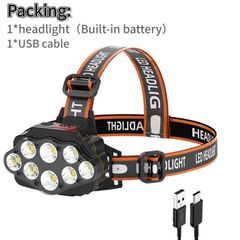 80000Lumens Powerful Headlamp 8 LED High Power Headlamp USB Rechargeable Headlight Super Bright 4 Working Modes Spotlight Torch Outdoor Emergency Flashlight Black 8LED