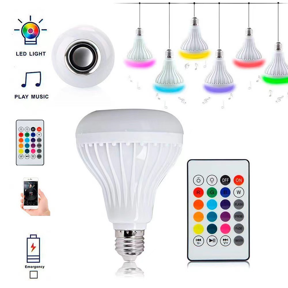 E27 + B22 Dual Base Wireless Bluetooth Speaker Bulb LED Light Smart Music Player Audio Player LED 12W Music Bulb White Light + Color Remote Control White 12W