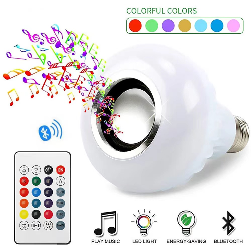 E27 + B22 Dual Base Wireless Bluetooth Speaker Bulb LED Light Smart Music Player Audio Player LED 12W Music Bulb White Light + Color Remote Control White 12W