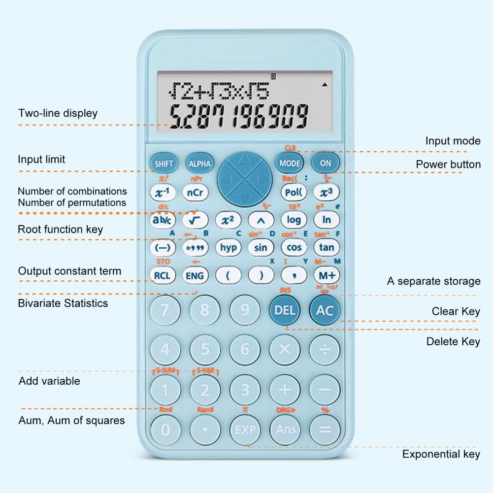 VEDO Large Screen Double Row Display Calculator Standard Scientific Calculator School Office Stationeries Multifunction Stationery Scientific Tool Blue as picture