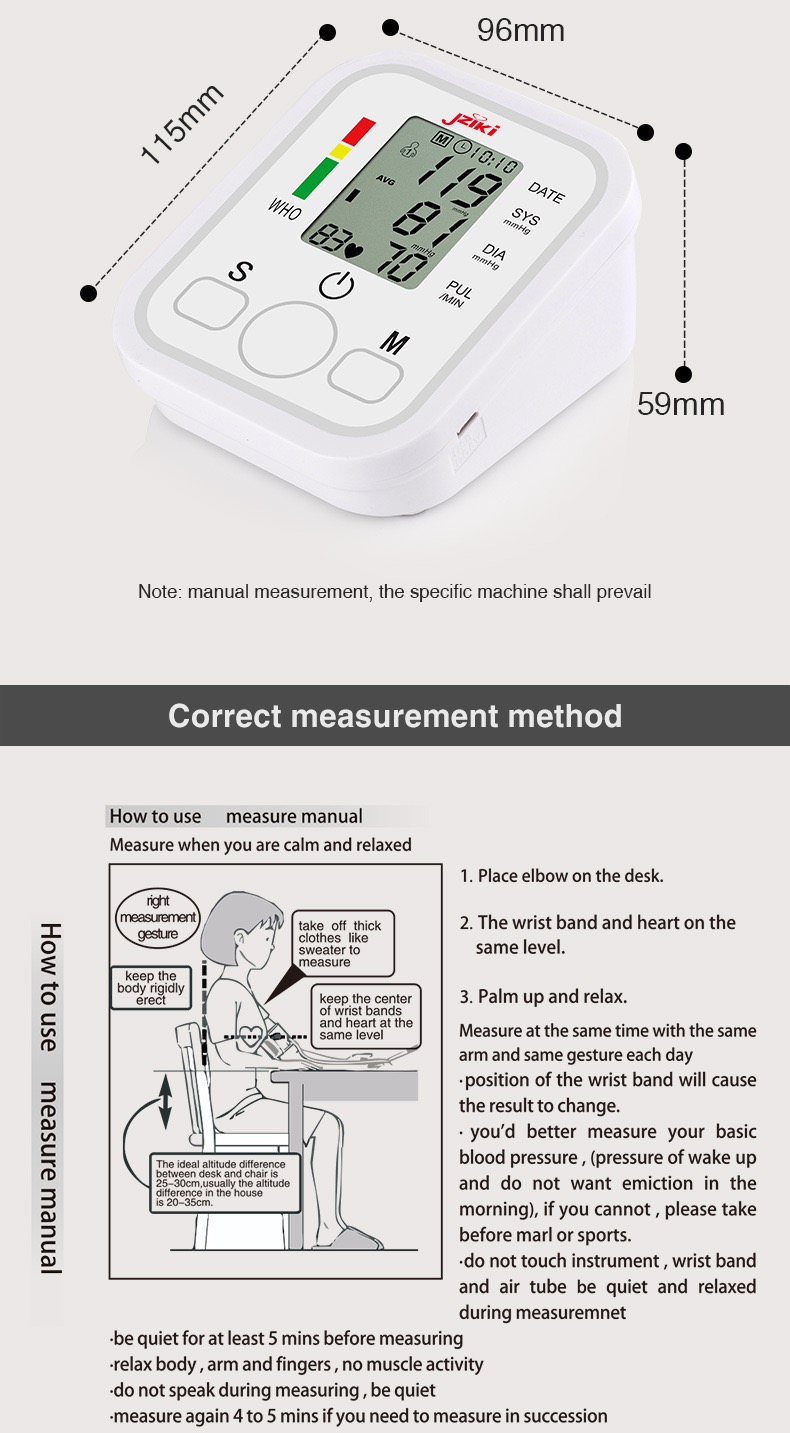 VEDO Jziki Portable Digital Upper Arm Blood Pressure Monitor Measurement Tool Portable LCD Digital Tonometer Sphygmomanometer Tensiometer Heart Rate Pulse Meter BP Monitor WHITE