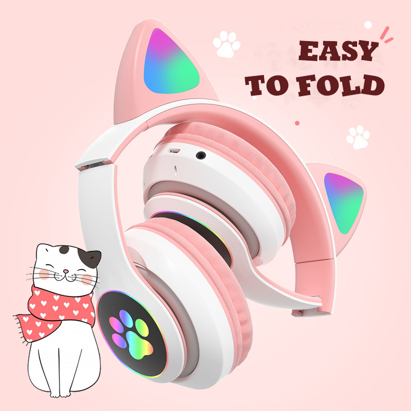 VEDO Flash Lamp Cute Cat Ears Headphone Bluetooth5.0 Stereo With Mic Support TF Card Wireless Kids Girl Earphone Birthday Gift