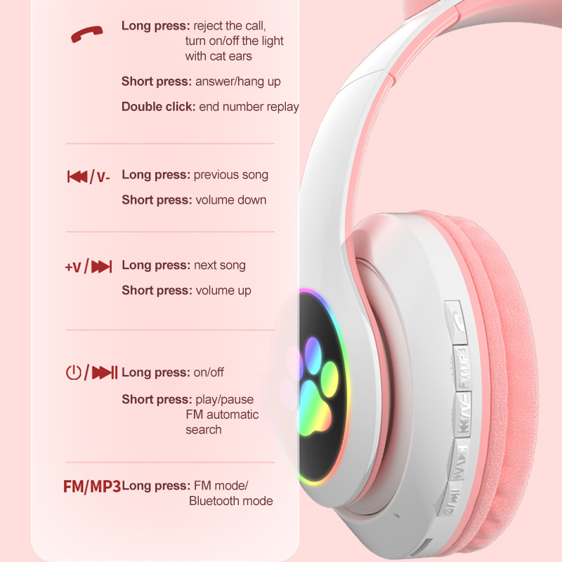 VEDO Flash Lamp Cute Cat Ears Headphone Bluetooth5.0 Stereo With Mic Support TF Card Wireless Kids Girl Earphone Birthday Gift