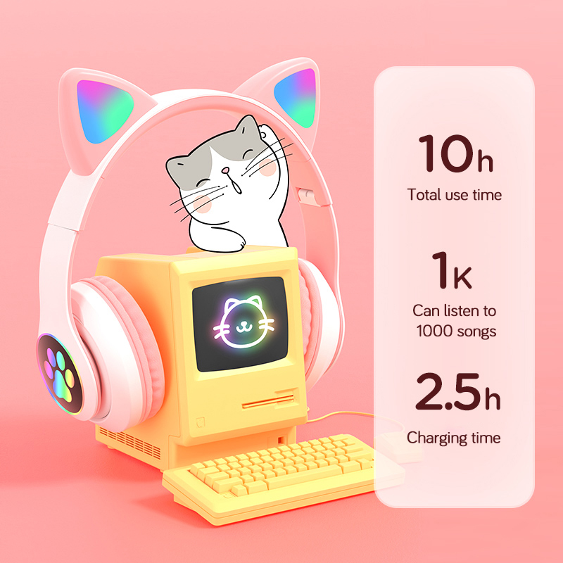 VEDO Flash Lamp Cute Cat Ears Headphone Bluetooth5.0 Stereo With Mic Support TF Card Wireless Kids Girl Earphone Birthday Gift