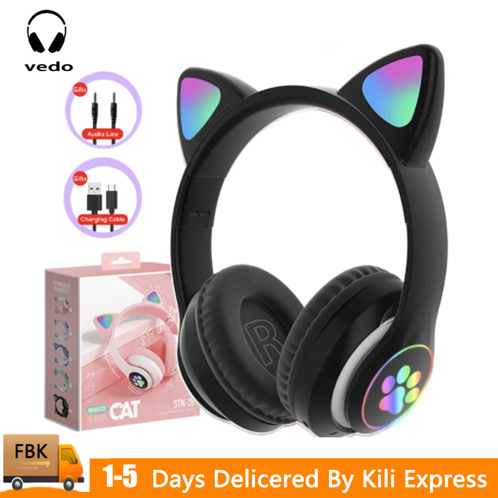 VEDO Flash Lamp Cute Cat Ears Headphone Bluetooth5.0 Stereo With Mic Support TF Card Wireless Kids Girl Earphone Birthday Gift