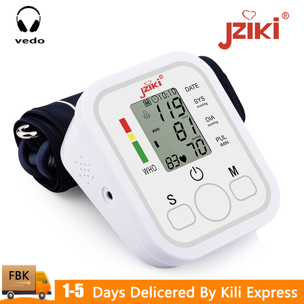 VEDO Jziki Portable Digital Upper Arm Blood Pressure Monitor Measurement Tool Portable LCD Digital Tonometer Sphygmomanometer Tensiometer Heart Rate Pulse Meter BP Monitor WHITE