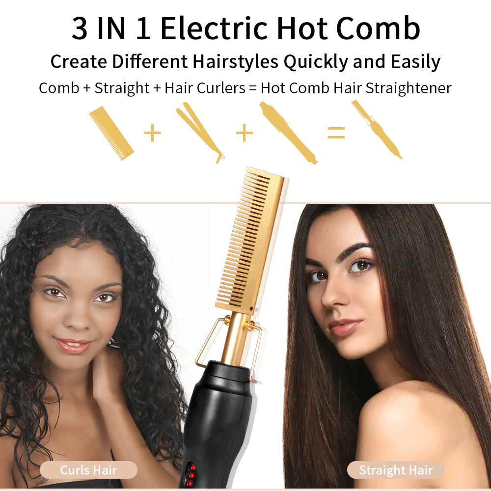 VEDO 2 in 1 Hot Comb Straightener Electric Hair Straightener Hair Curler Wet Dry Use Hair Flat Irons Hot Heating Comb For Hair Gold 30cm*4.6cm*4.5cm