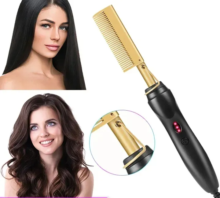 VEDO 2 in 1 Hot Comb Straightener Electric Hair Straightener Hair Curler Wet Dry Use Hair Flat Irons Hot Heating Comb For Hair Gold 30cm*4.6cm*4.5cm