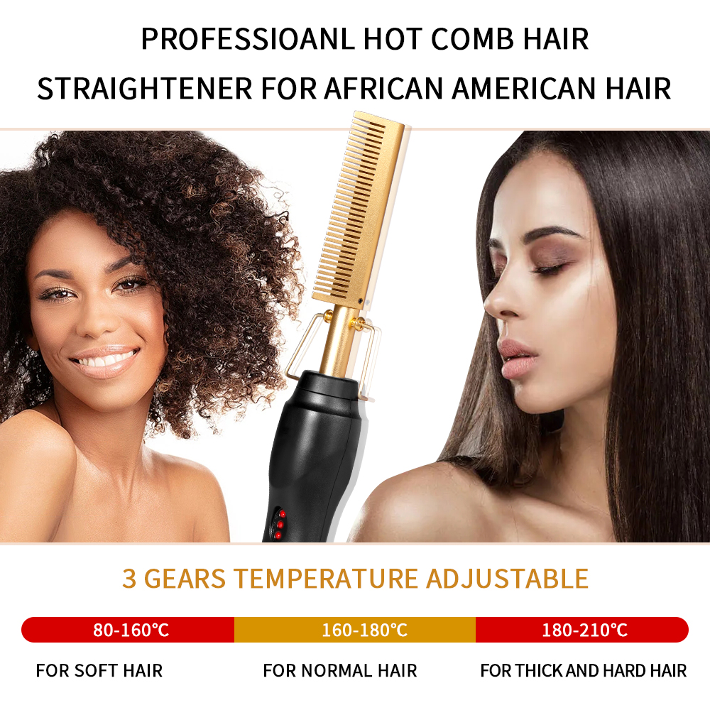 VEDO 2 in 1 Hot Comb Straightener Electric Hair Straightener Hair Curler Wet Dry Use Hair Flat Irons Hot Heating Comb For Hair Gold 30cm*4.6cm*4.5cm