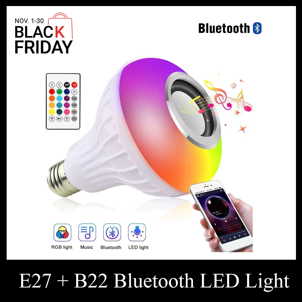 E27 + B22 Dual Base Wireless Bluetooth Speaker Bulb LED Light Smart Music Player Audio Player LED 12W Music Bulb White Light + Color Remote Control White 12W