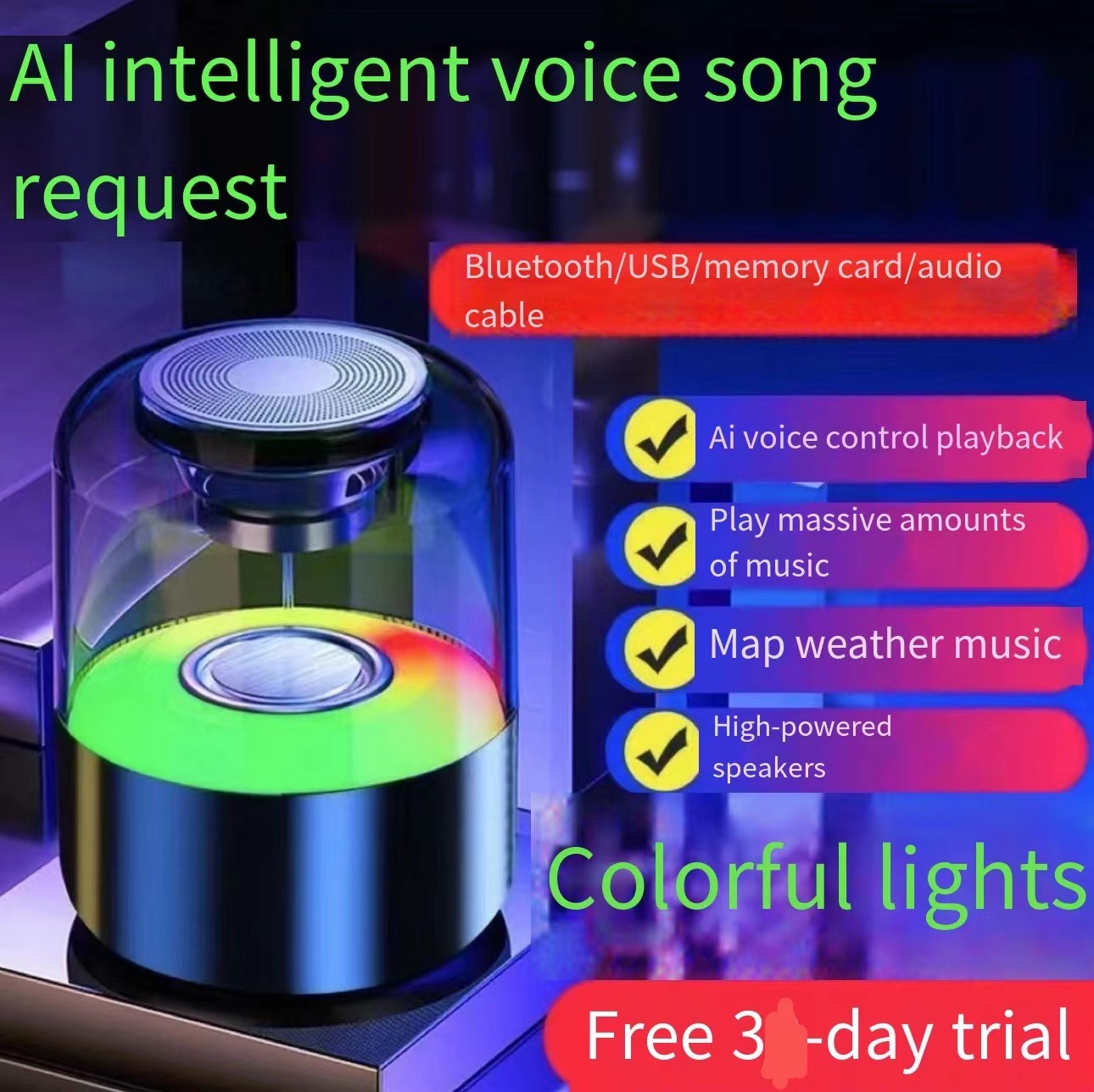 VEDO Intelligent AI Voice Colorful Light Glass Mini Subwoofer Bluetooth Speaker 360 Surround Sound Atmosphere Light High Quality B lack