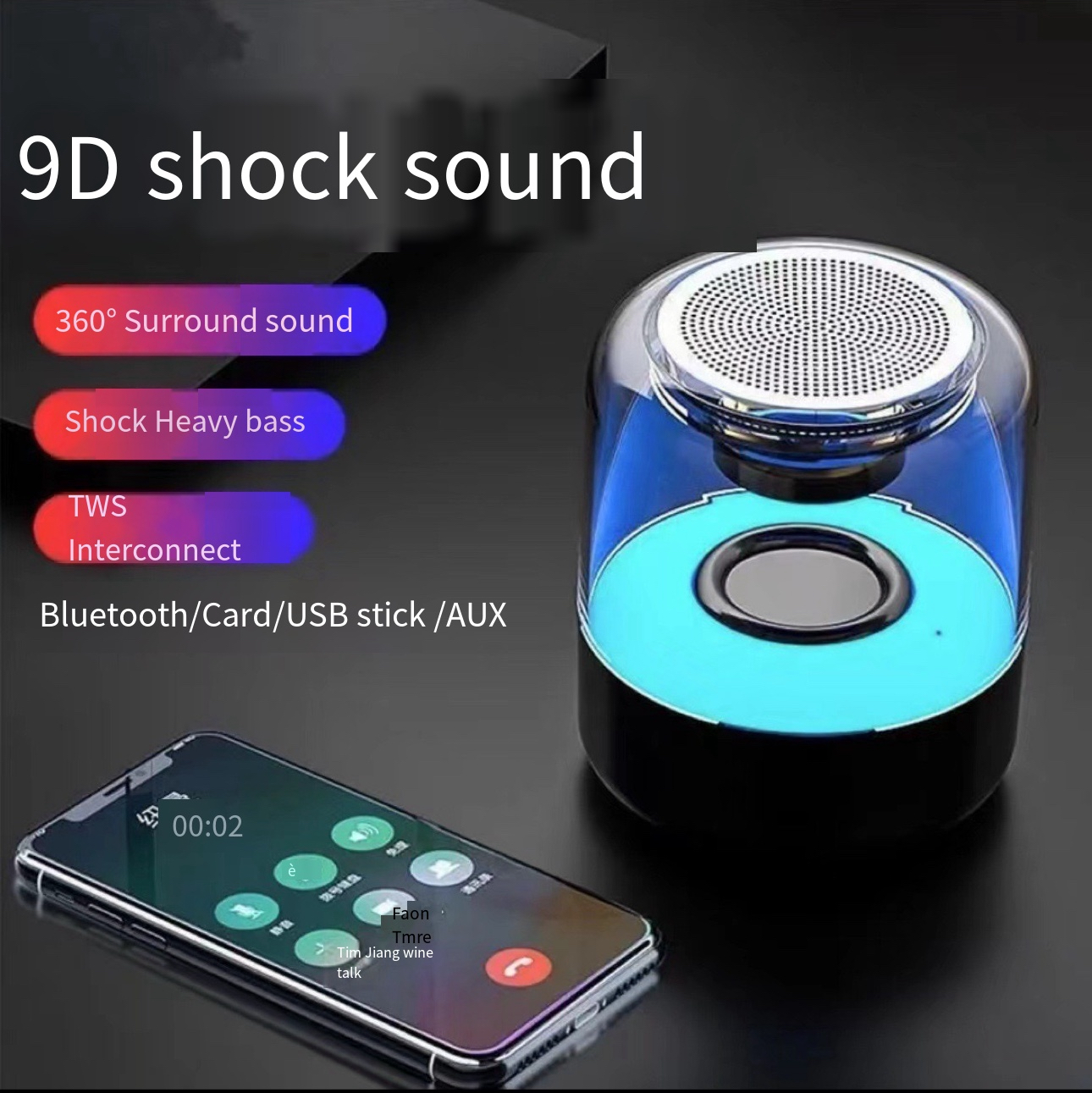 VEDO Intelligent AI Voice Colorful Light Glass Mini Subwoofer Bluetooth Speaker 360 Surround Sound Atmosphere Light High Quality B lack