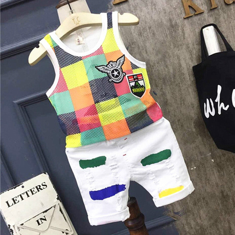 Summer Baby Boys Mesh hollow out Vest Top Shorts Pants Set Clothes Suits &amp; Blazers