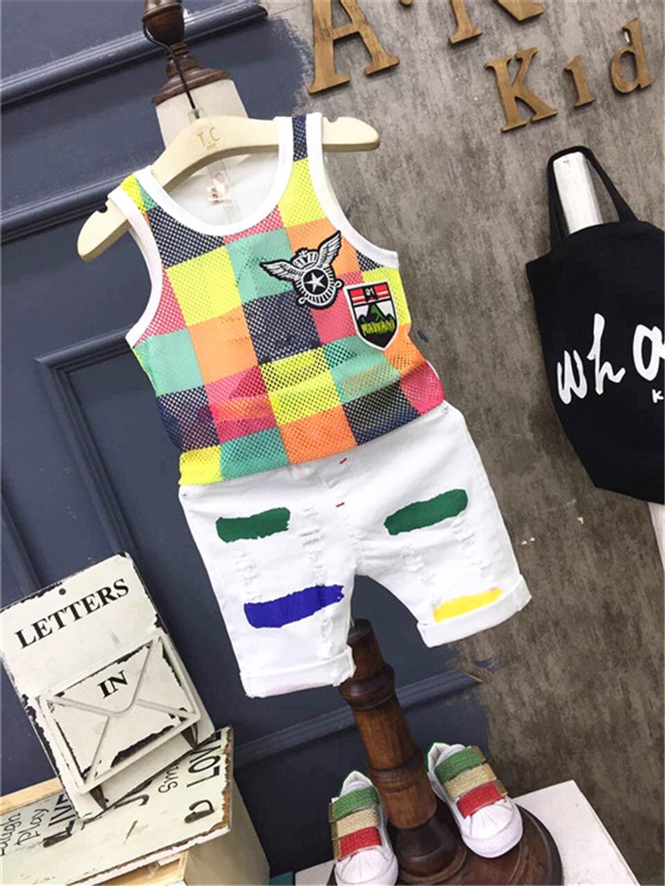 Summer Baby Boys Mesh hollow out Vest Top Shorts Pants Set Clothes Suits &amp; Blazers