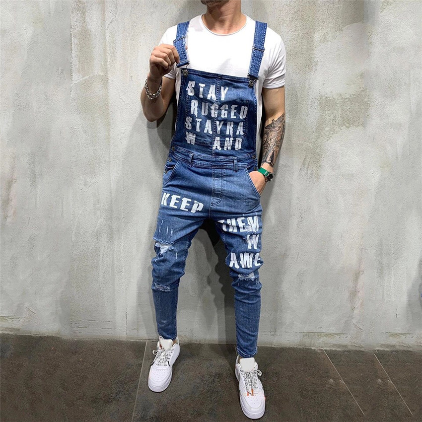 Fashion Men&apos;s Ripped Jeans Jumpsuits Ankle Length Letter printing Distressed Denim Trousers