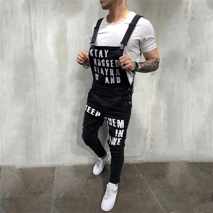 Fashion Men&apos;s Ripped Jeans Jumpsuits Ankle Length Letter printing Distressed Denim Trousers