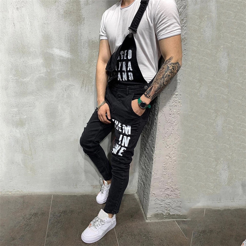 Fashion Men&apos;s Ripped Jeans Jumpsuits Ankle Length Letter printing Distressed Denim Trousers