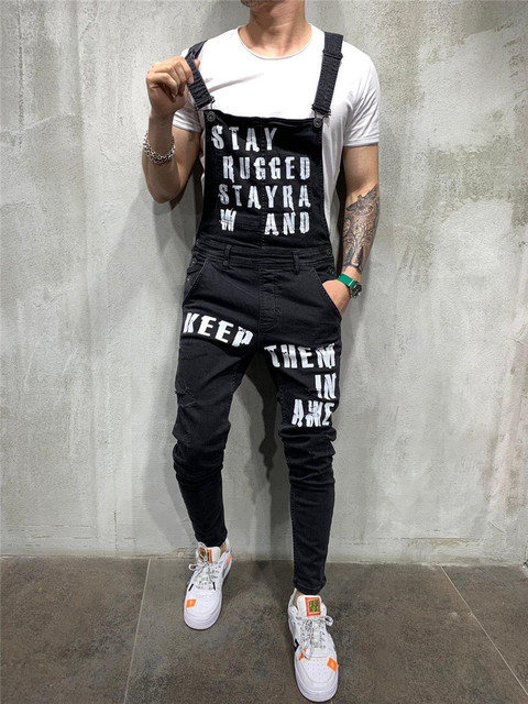 Fashion Men&apos;s Ripped Jeans Jumpsuits Ankle Length Letter printing Distressed Denim Trousers